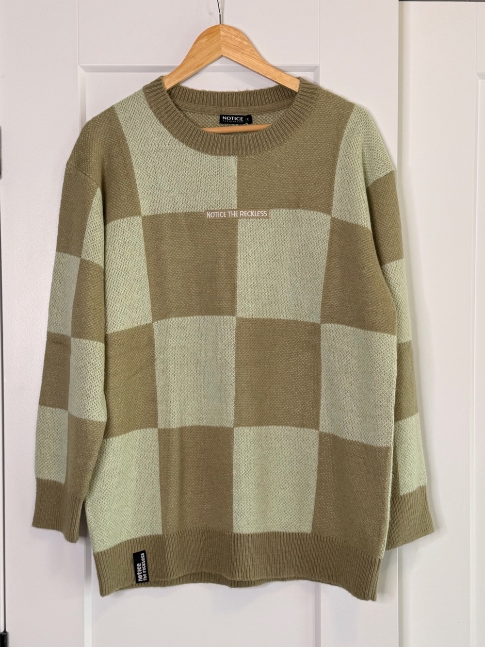 🩷2 for $40- Notice The Reckless Olive & Sage Checkerboard Crewneck Sweater